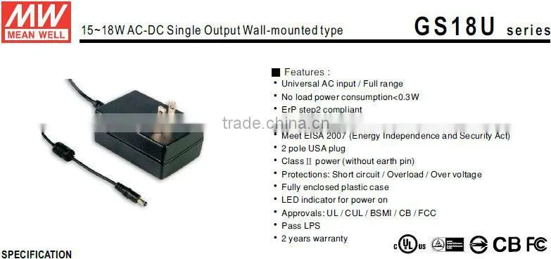 Meanwell 15~18W AC-DC Single Output Wall-mounted type 18v 1a switching power supply