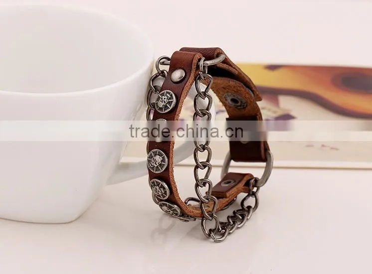 skull chain thick women leather bracelet, blank leather bracelets