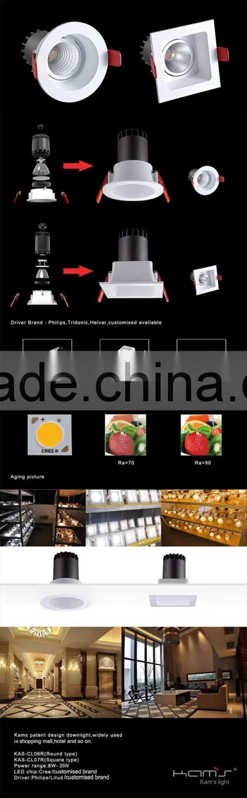 5 years warranty COB 20w led square fixed and adjustable downlight with dimmable driver