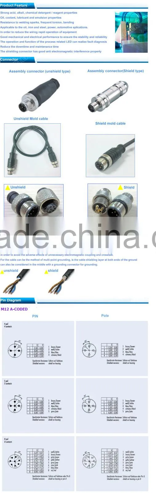 M12 to CAT5E CAT6 4 pin 8 pin pair twisted yellow pvc cable