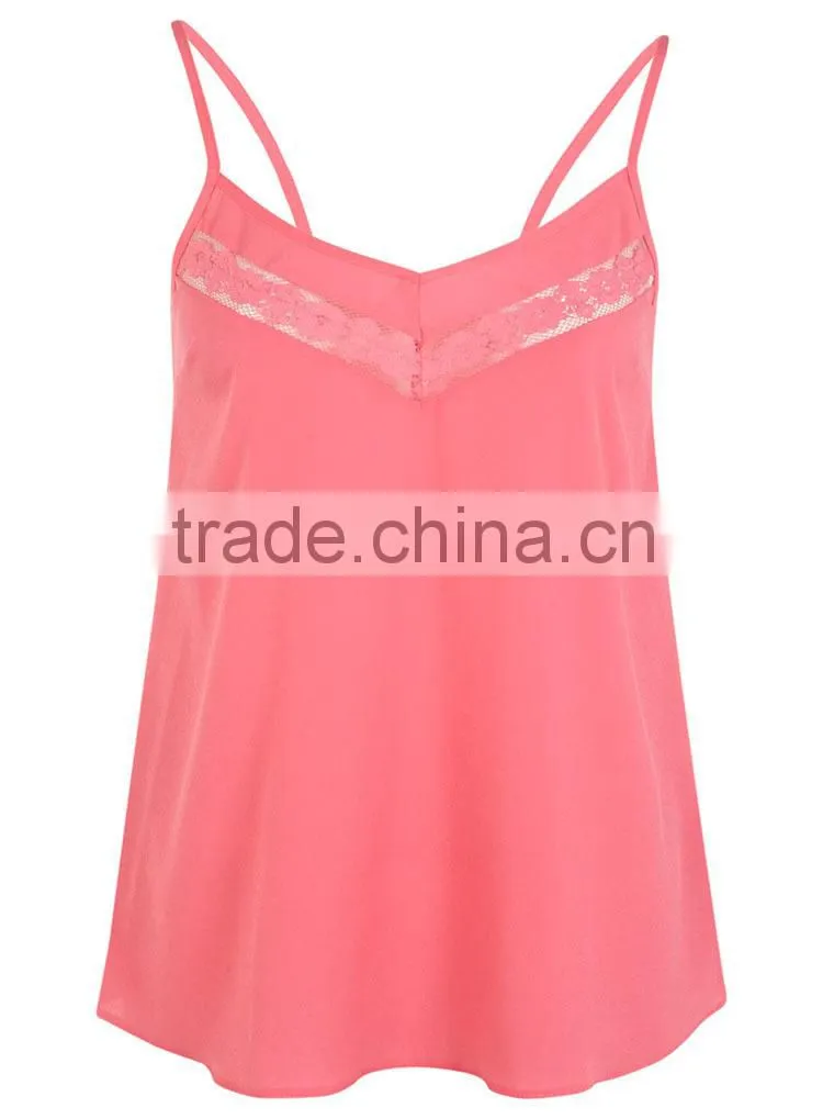 pink 100% polyester v neck women lace sleep vest with adjustable stripe made in china