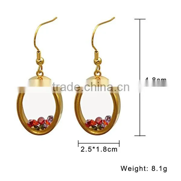gold plating oval earrings stainless steel glass zirconia float dangle earrings