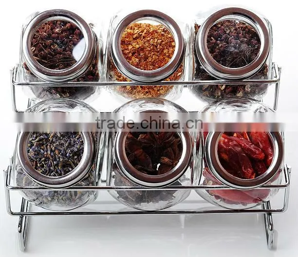 4pcs spice glass jar with wire chrome plated rack