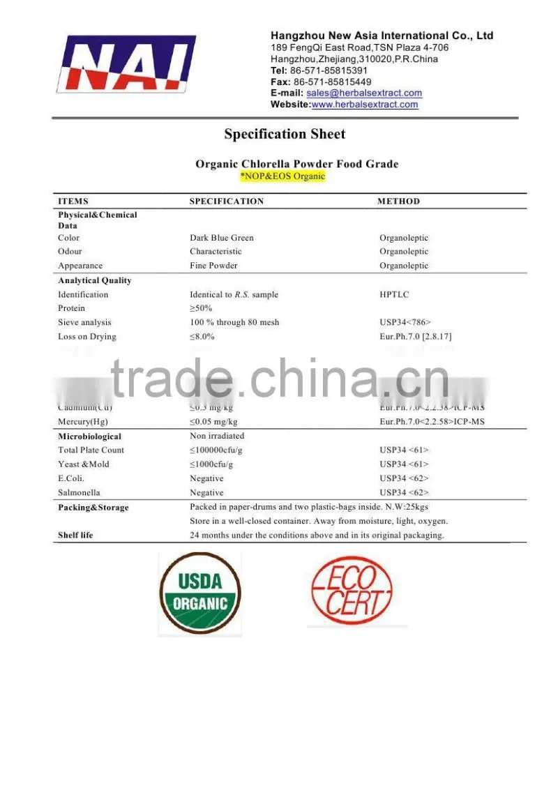 Organic Chlorella Powder,NOP EOS Organic,100% ID,Non-Irradiation,Low Contaminants of Aflatoxin,PAHs,Heavy Metal