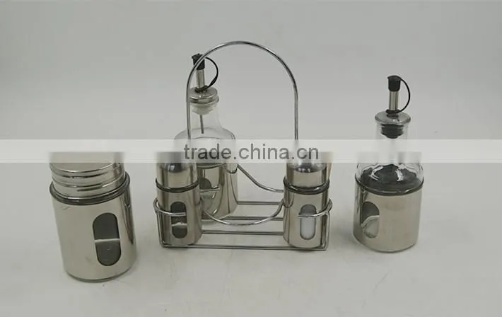set of 5 Glass oil vinegar bottle spice jar set cruet set with metal coat shelf