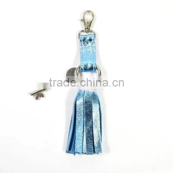 Handmade Metallic Blue Leather Tassel Keychain Keyring Charm for Women Handbag Wallet Accessories