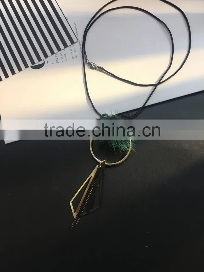 mink fur ball hoop triangle pendant necklace hot selling geometric necklace