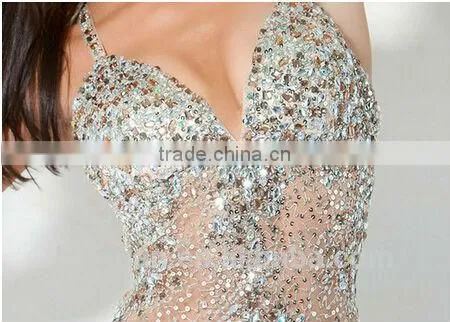 luxurious deep V neck low back out short crystal dress
