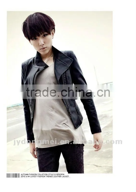 Inclined zipper PU casual jacket black and yellow