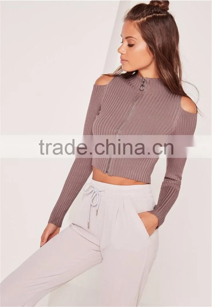 High Waist Short Style Women Knitted Crop Zip Through Cold Shoulder Crop Jumper Purple