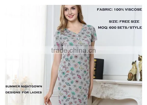 Wholesale summer designs plus size butterflies printed ladies viscose nightgown