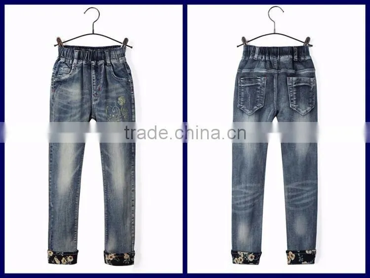 New products good quality elastic waist roll up hem 3D rose printing blue wholesale jeans pants for kids
