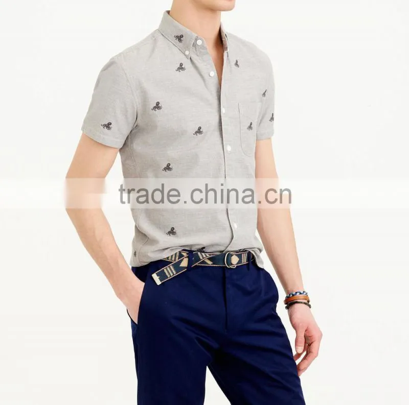2015 new arrival short-sleeve chambray shirt with embroidered octopi button-down collar with pocket