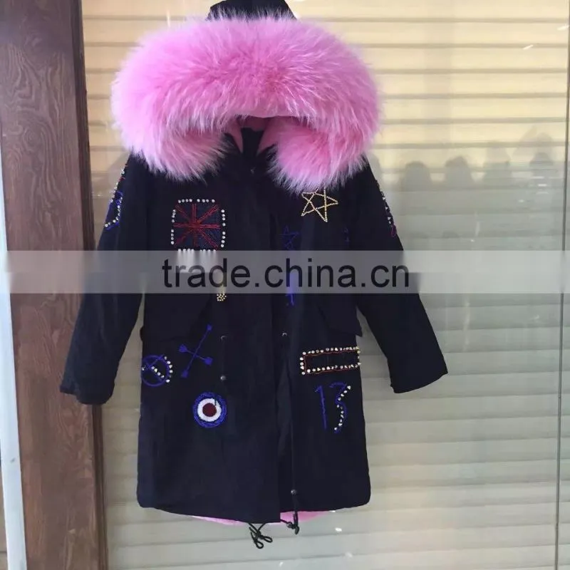 2016 New arrival Britain Beading Dark blue jacket long with pink faux fur inside women jakcet and man coats