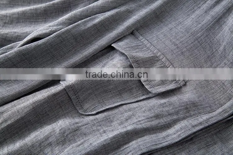 High quality Womens Long sleeveCotton and linen plain gray casual blouse