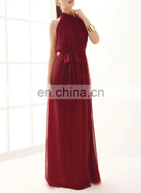 CHEFON High neck chiffon red evening dresses long