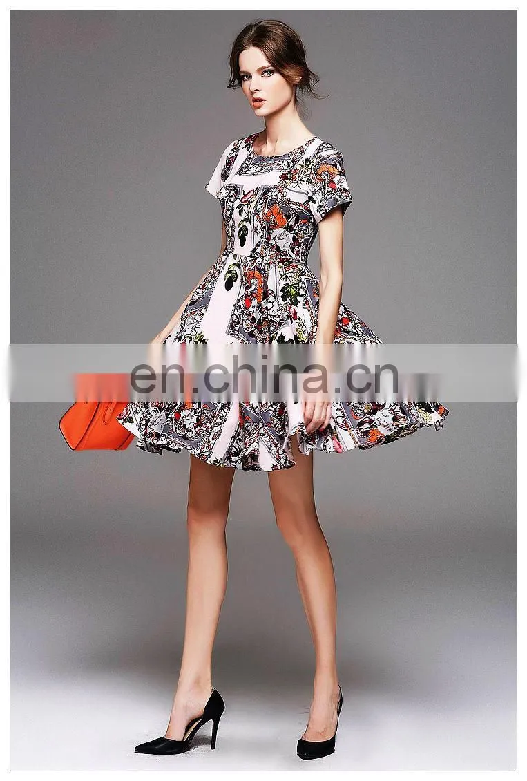 High quality short sleeve rayon cute print dress for 2016 summer