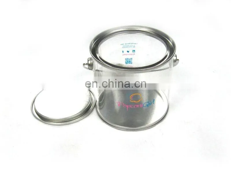 Hot sale round popcorn tin can with pet body