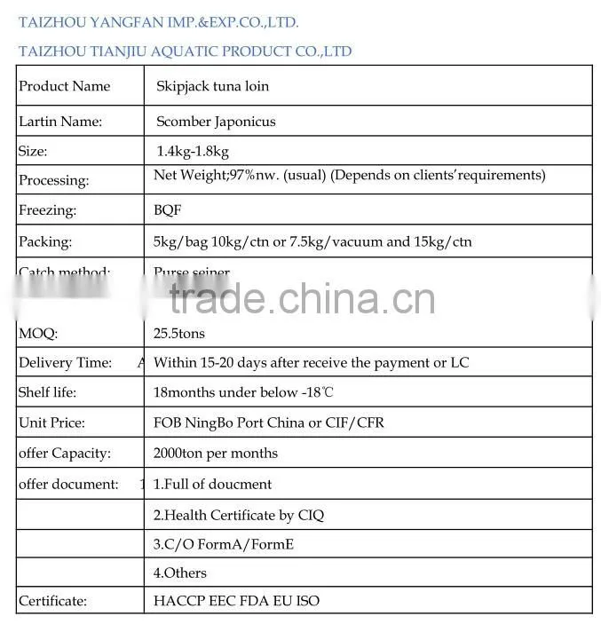 China supply skipjack tuna processing skipjack tuna loin