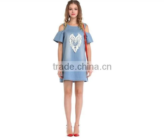 2014 new design Women Denim Dress Pattern Fashion Design Off Shoulder printing bule Denim Sexy Dress