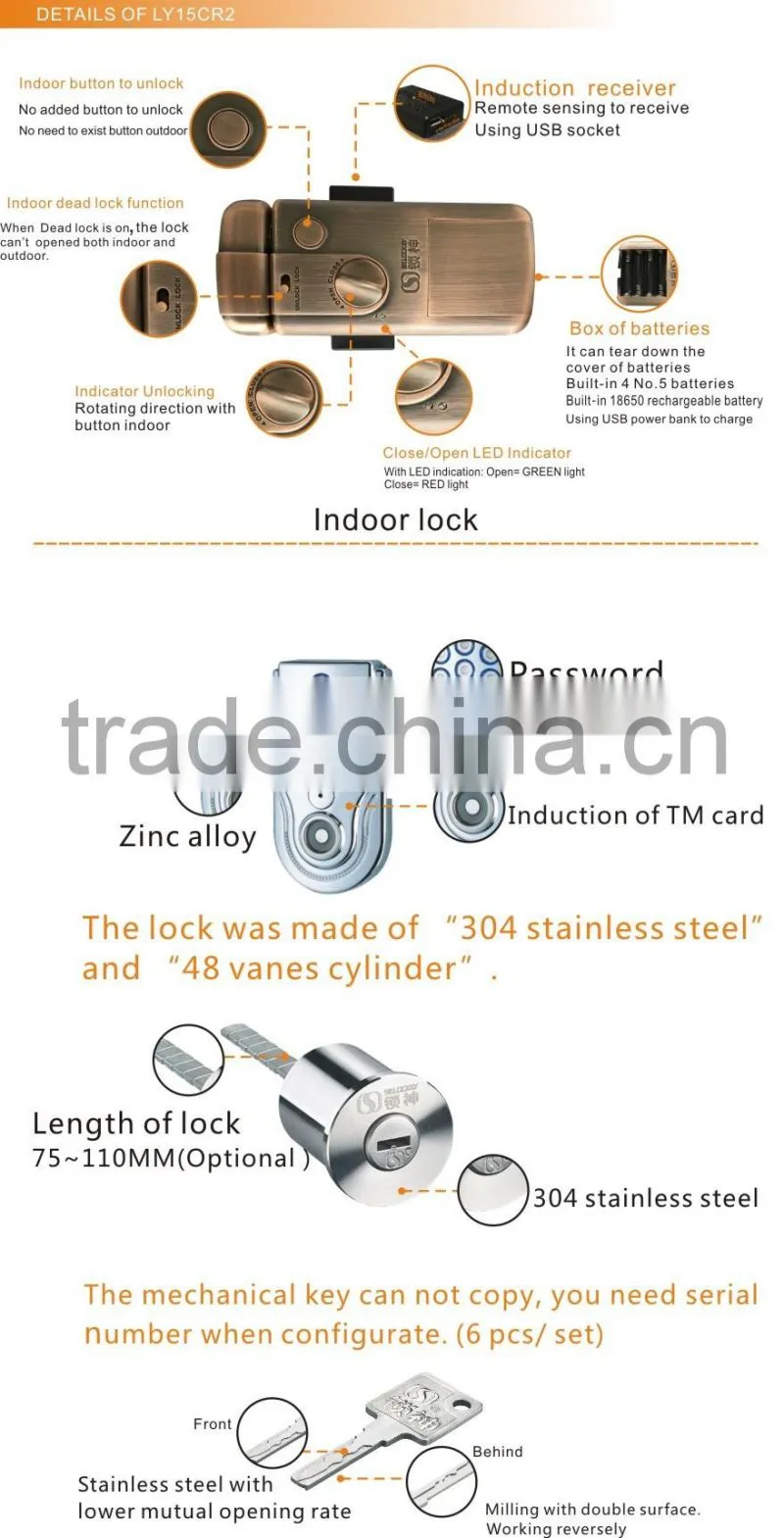 Hot sale! Eletronic lock, wireless lock with password for door (10CM-LY15CR2-ST)