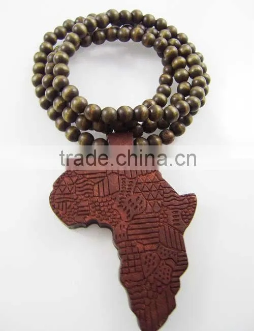 Hip Hop Wood Africa Map Pendant with 36 Inches Wood Beaded Chain