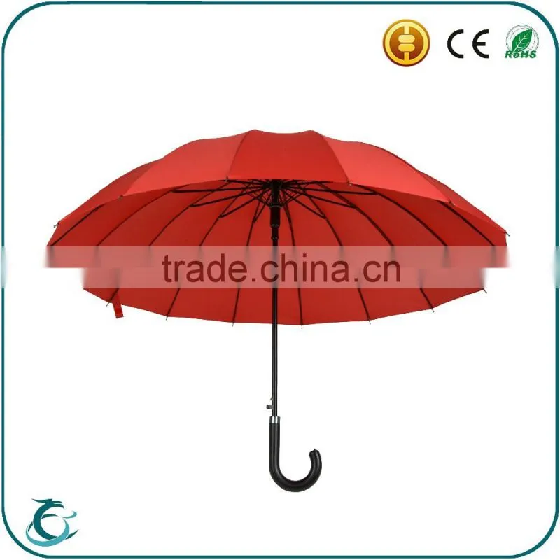 high quality 16 ribs pu leather handle windproof straight umbrella