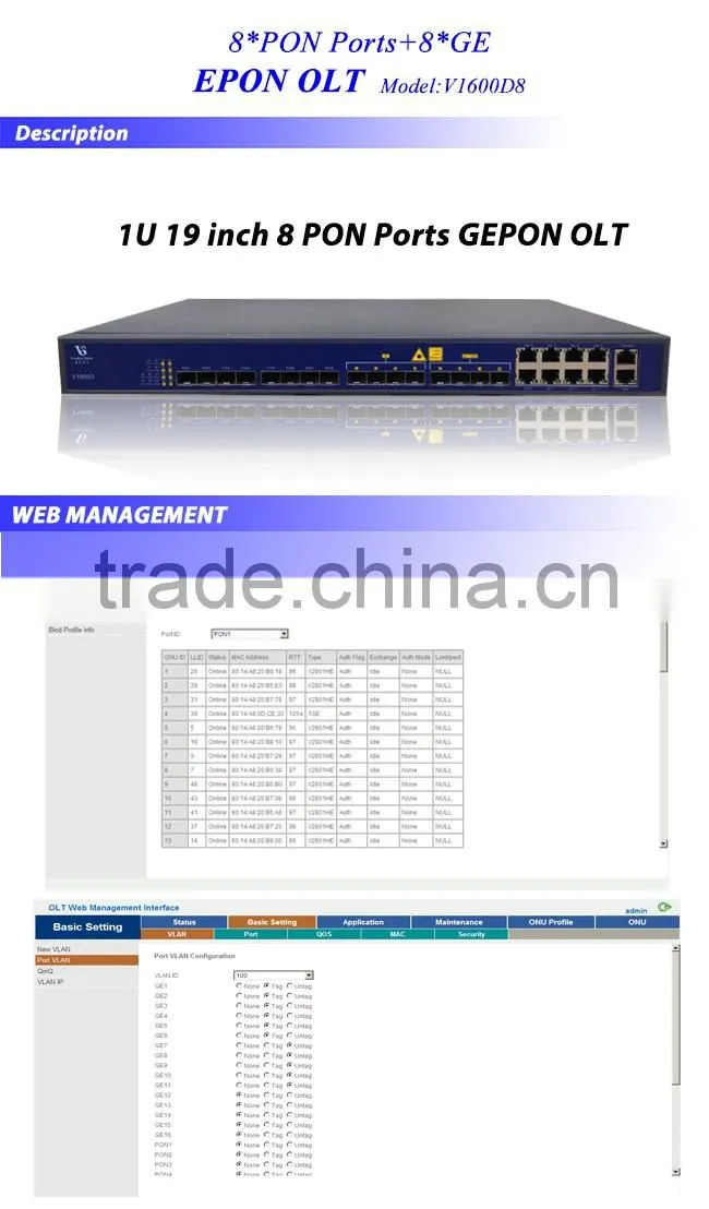 Supported WEB Manage 8 PON Port EPON OLT 1U Height 19U Standard Box 8*10/100/1000M Interface for Uplink