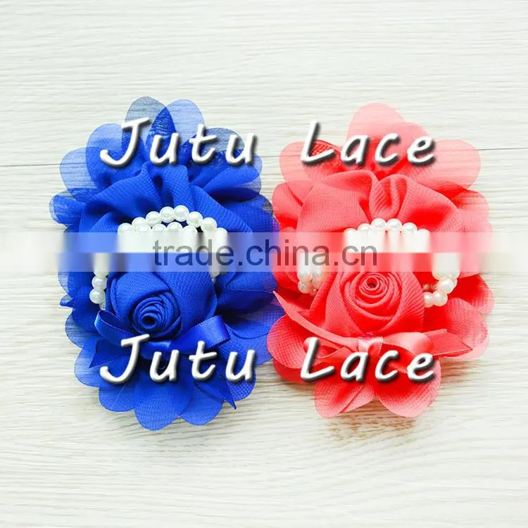 Elastic pearls headband with mini rhinestone petals flower and elastic ribbon, mini crystal flower hair accessories