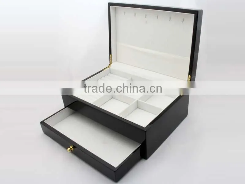 Customized Handmade black wooden jewelry box with compartment and hooks