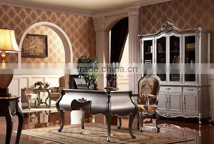 European Style Luxury Executive Office Desk, Classic Wood Carving Writing Table, Silver Foil Home Office Furniture (BF01-ML019)