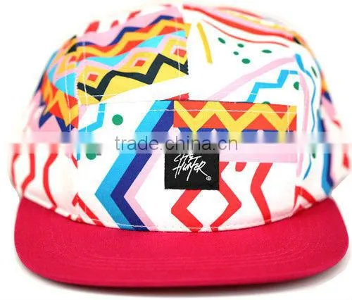 Yellow bill woven tag mens woven Aztec leather trap 5 panel hat