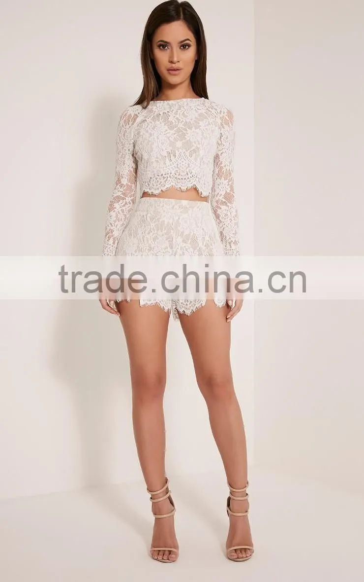 Crochect white lae designs long sleeve two piece sets Lace crop top and short pants designs