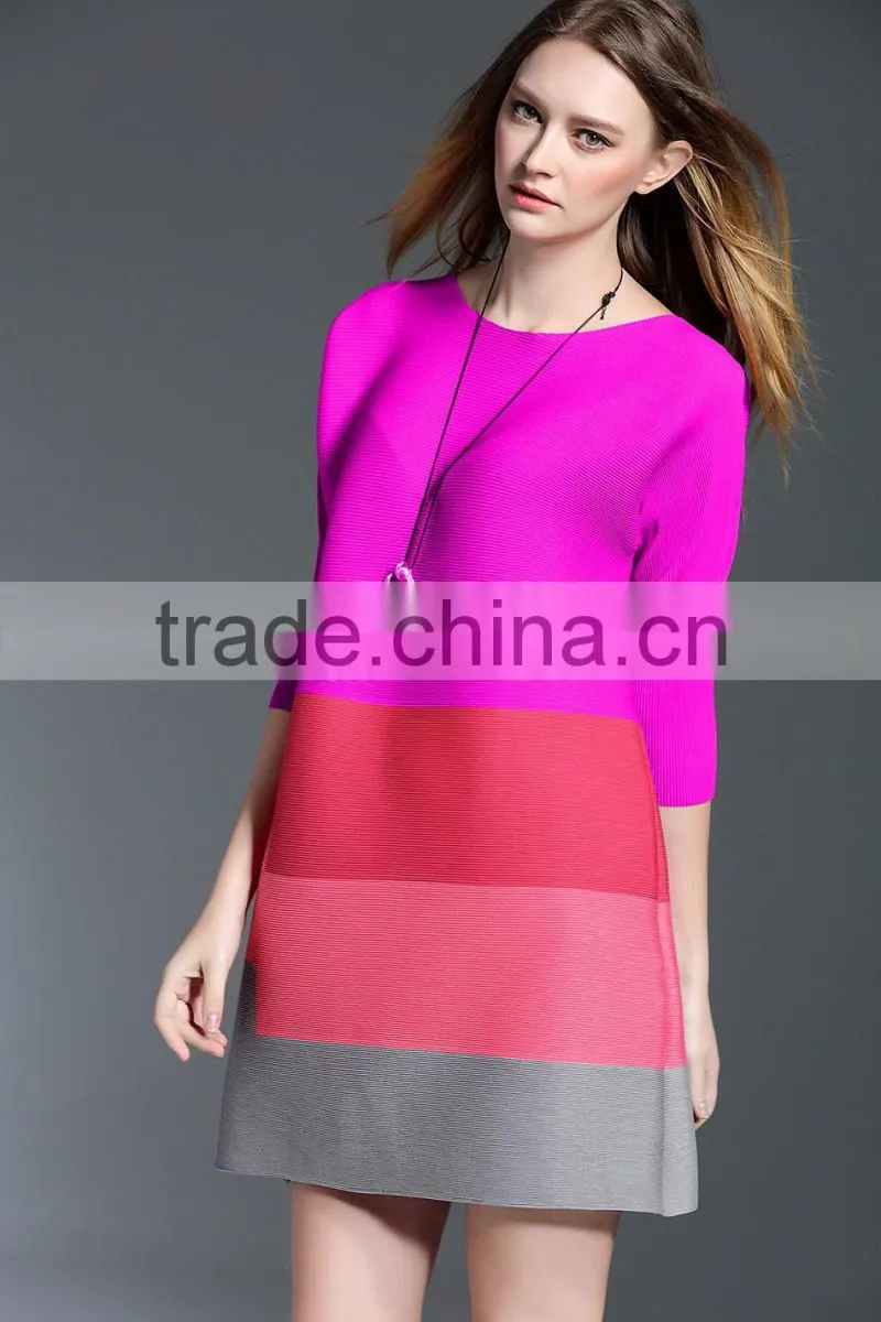 2017 new design ladies striped stitching big size wrinkle dress