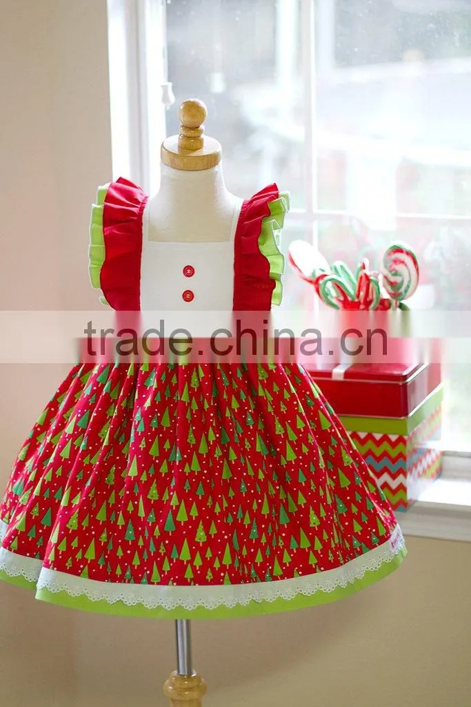 2017 Toddler Girls Christmas Tree Red Dress With Lace Trim Kids Printed Dress