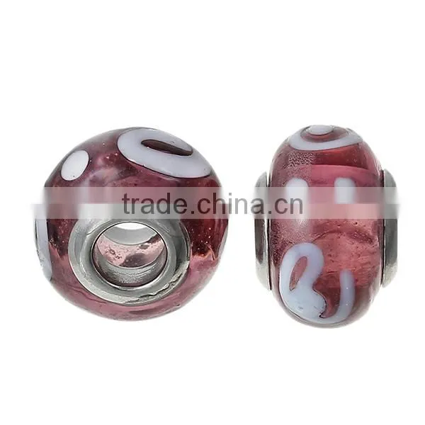 Lampwork Glass European Style Large Hole Beads Round Mauve Transparent White Spiral With 304 Stainless Steel Silver Tone Core