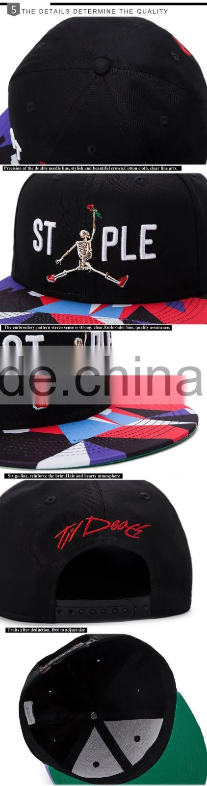 Custom wholesale 3D embroidery patch pattern customize hip hop snapback caps and hats