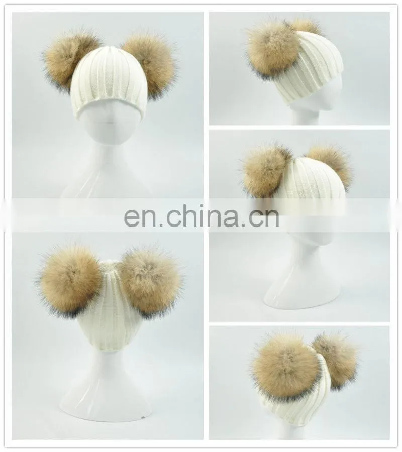 Wholesale Fashion Cheap kids Knitted Hats Real Fur Two Poms Kids Hat Winter