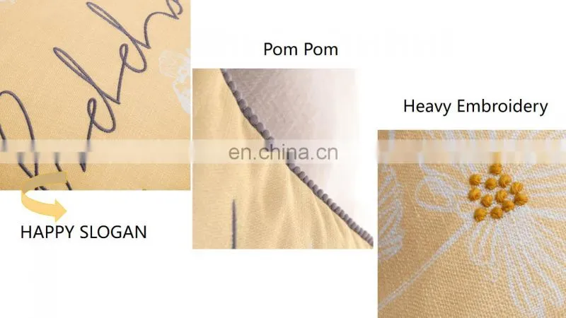 Home Decorative Digital print and Embroidery Warm Light Yellow Happy Slogan Cushions Covers Pillow Cases with Pom Pom