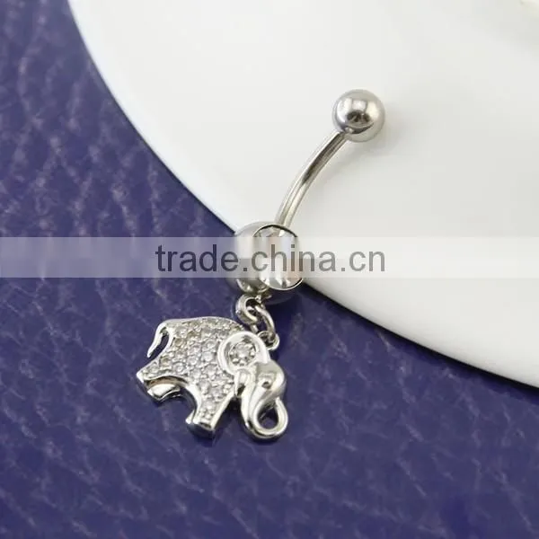 Stainless steel crystal women belly ring dangling elephant body piercing jewelry