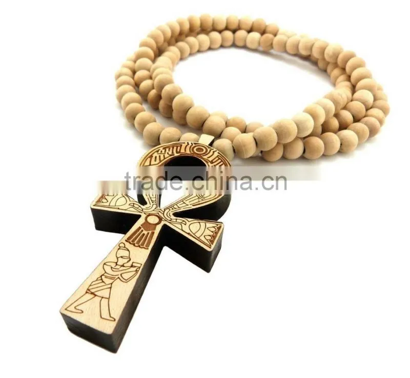 Men's good wooden Jay Z ankh cross chain 8mm bead 36'' necklace