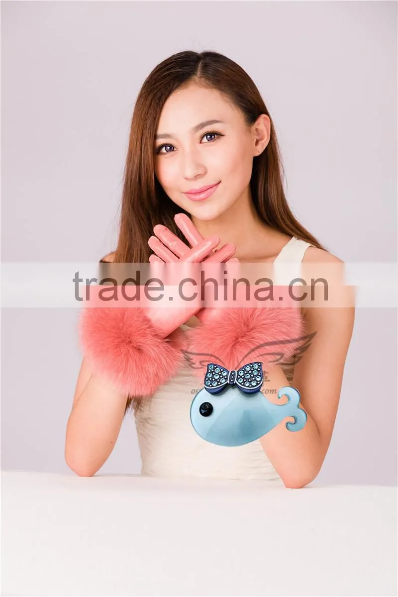 New Arrival Fashion Winter Warm Lambskin Ladies Fox Fur Leather Gloves