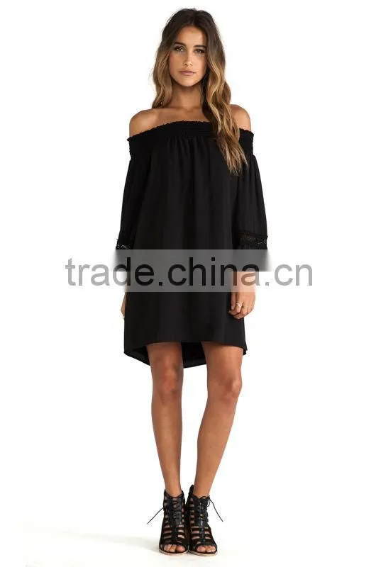 Off-shoulder Short Puffy Dress With Long Bell Sleeves With Crochet Trim