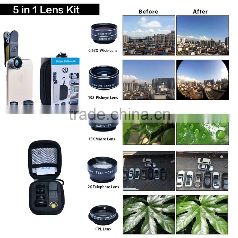 external camera lens for android phone 0.63x Wide Angle+15x Macro+198 fisheye+2x zoom+Filter 5 in 1 phone lens kit