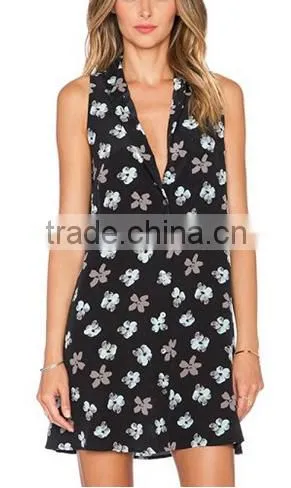 Women's Black Sexy Deep V Neck Sleeveless Floral print skirt Casual Dress