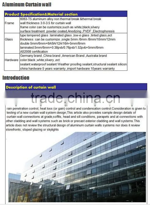 6000 series extrusion aluminum frameless double glass curtain wall