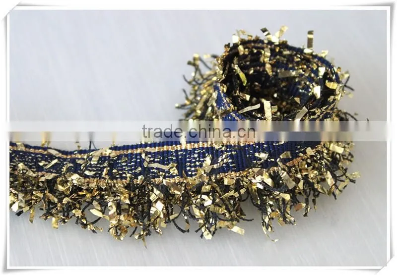 China fancy novelty metallic blue tape with gold lurex tassel fringe trim