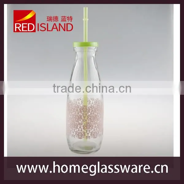 nice decal glass milk bottle glass juice bottle with plastic lid