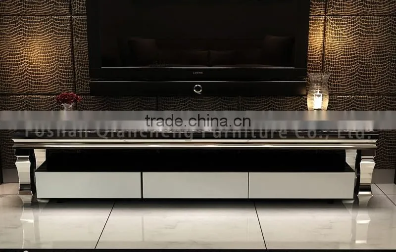 Modern silver mirror tv stand with 20mm marble top