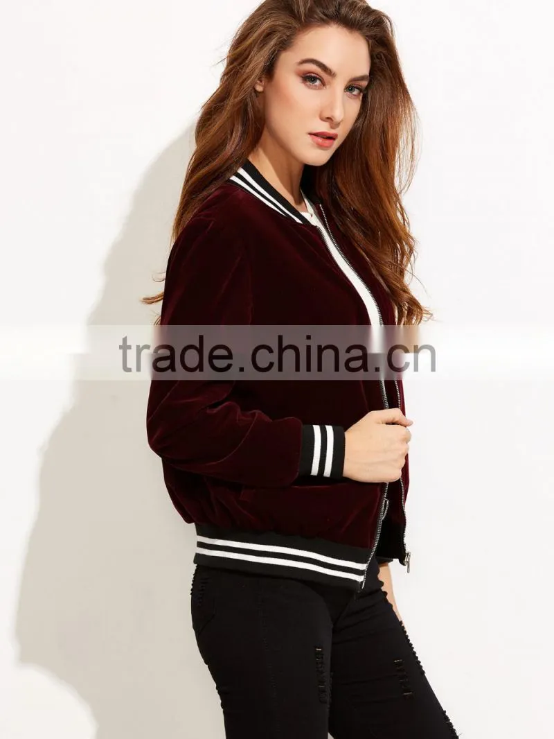 Jacket Women Winter Burgundy Stand Collar Bomber Jacket Slim Fit Velvet Blazer With Striped Trim Detail